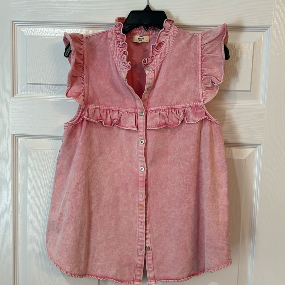 Pink washed denim sleeveless top with ruffles - Picture 1 of 6